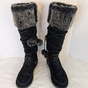 Cozy & Warm Black Faux Fur Topper Full Zipper With Pom Pom Laces Size 8